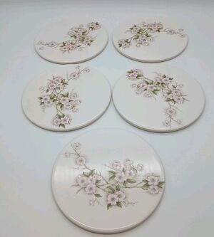 Vtg Mid-State Ceramic Trivets Cherry Spring Blossom 6"Round Set Of 5